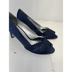 Adriana Pappell Navy Fabric Pump Lace Open Toe Size 9 NEW